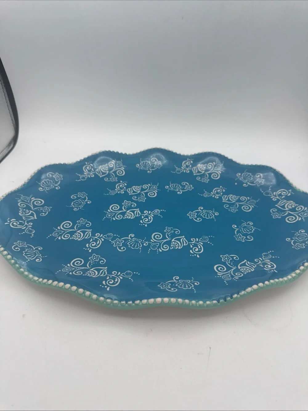 Temptations Blue Floral Lace Scalloped Edged serving platter  Tray 14x10”